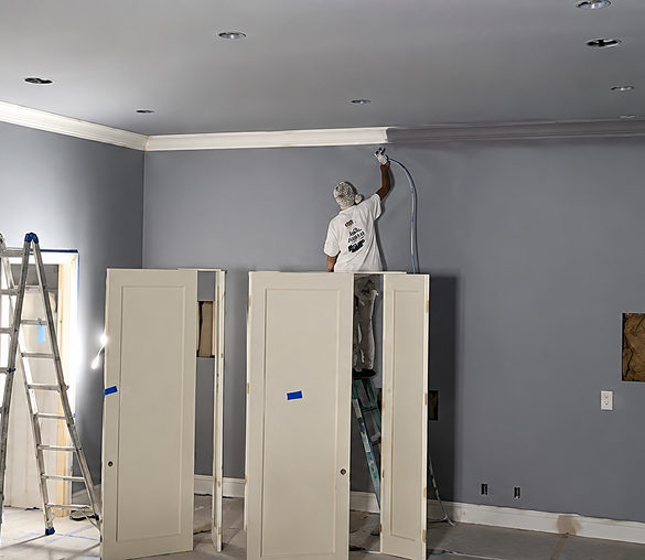 Room being painted with ladder and cabinets.