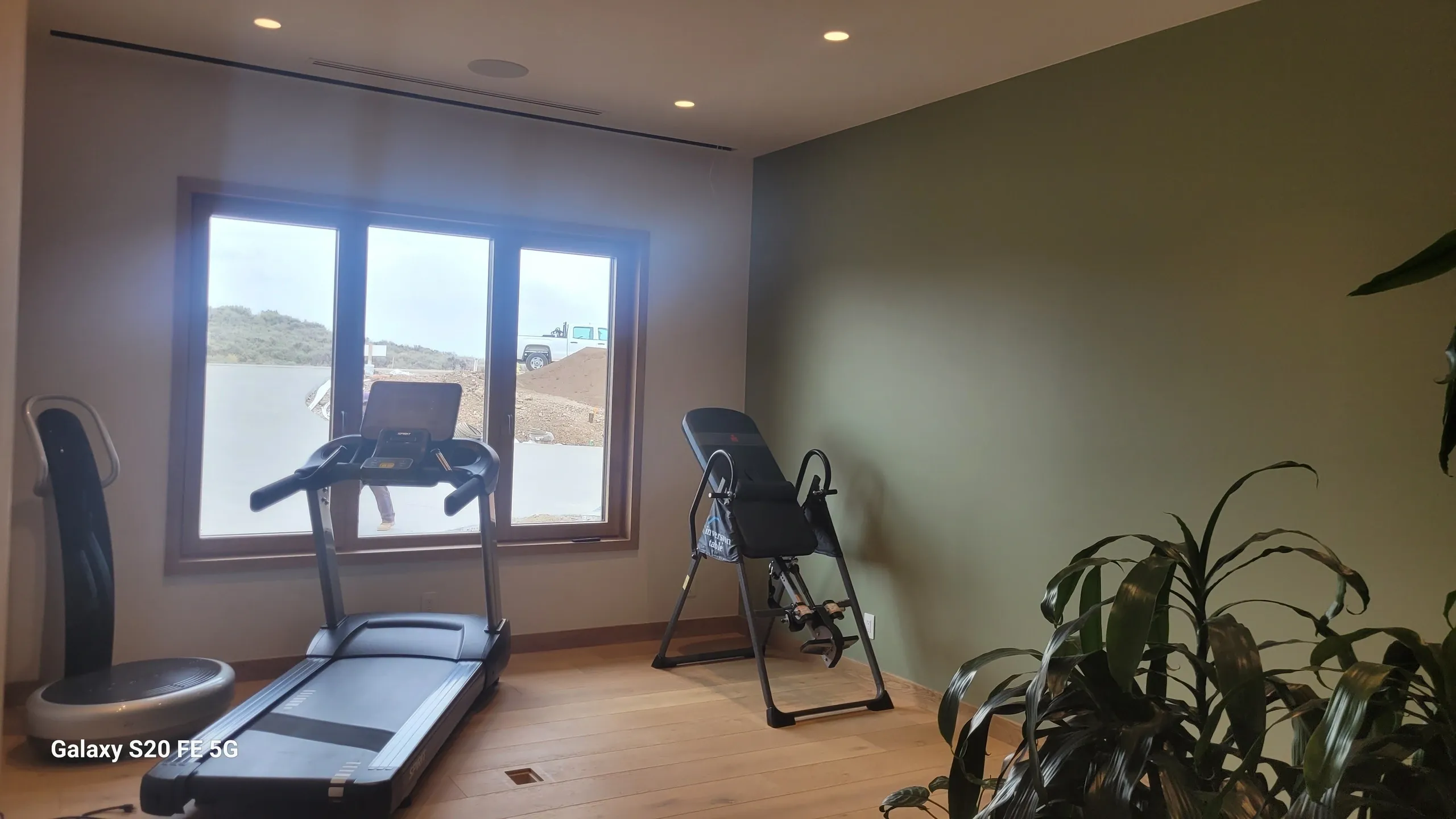 Home gym with treadmill and inversion table.